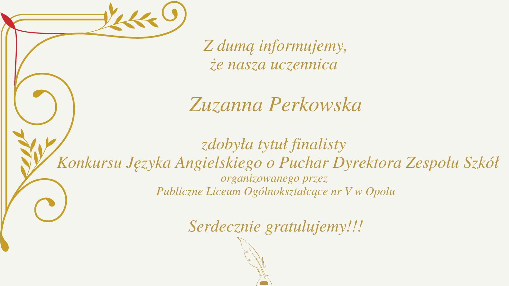 Zuzanna Perkowska zdobyła tytuł finalisty Konkursu Języka Angielskiego 