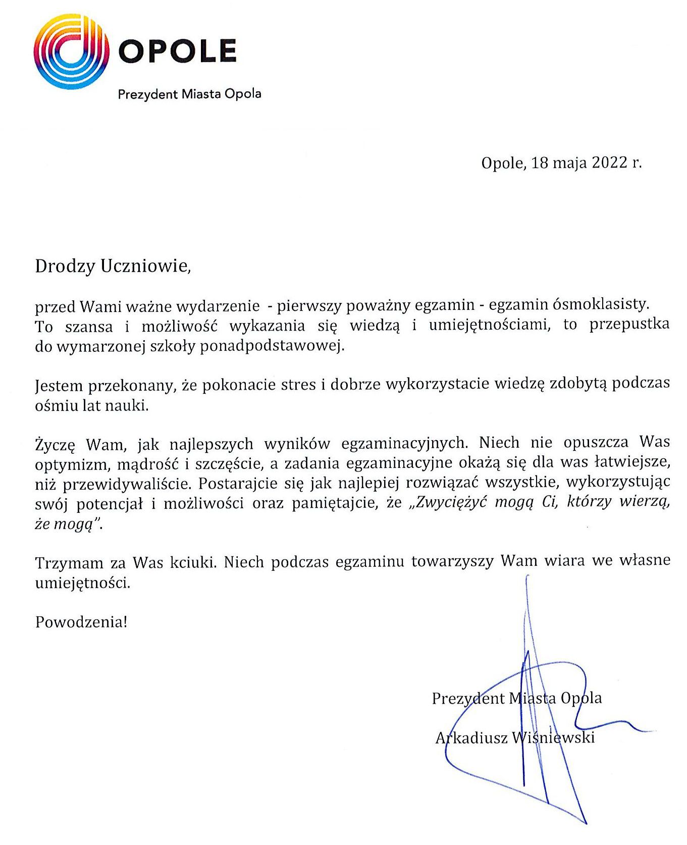List od Prezydenta Miasta Opola