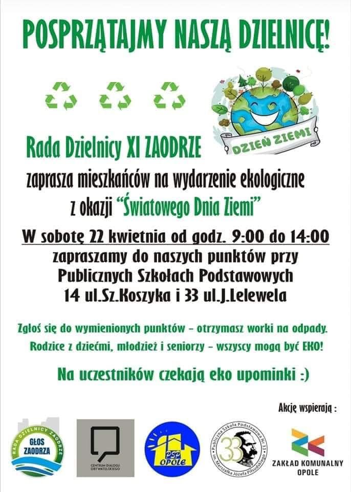 Światowy Dzień Ziemi - sobota 22 kwietnia. Plakat informacyjny dotyczący sprzątania dzielnicy Zaodrze w Opolu.
