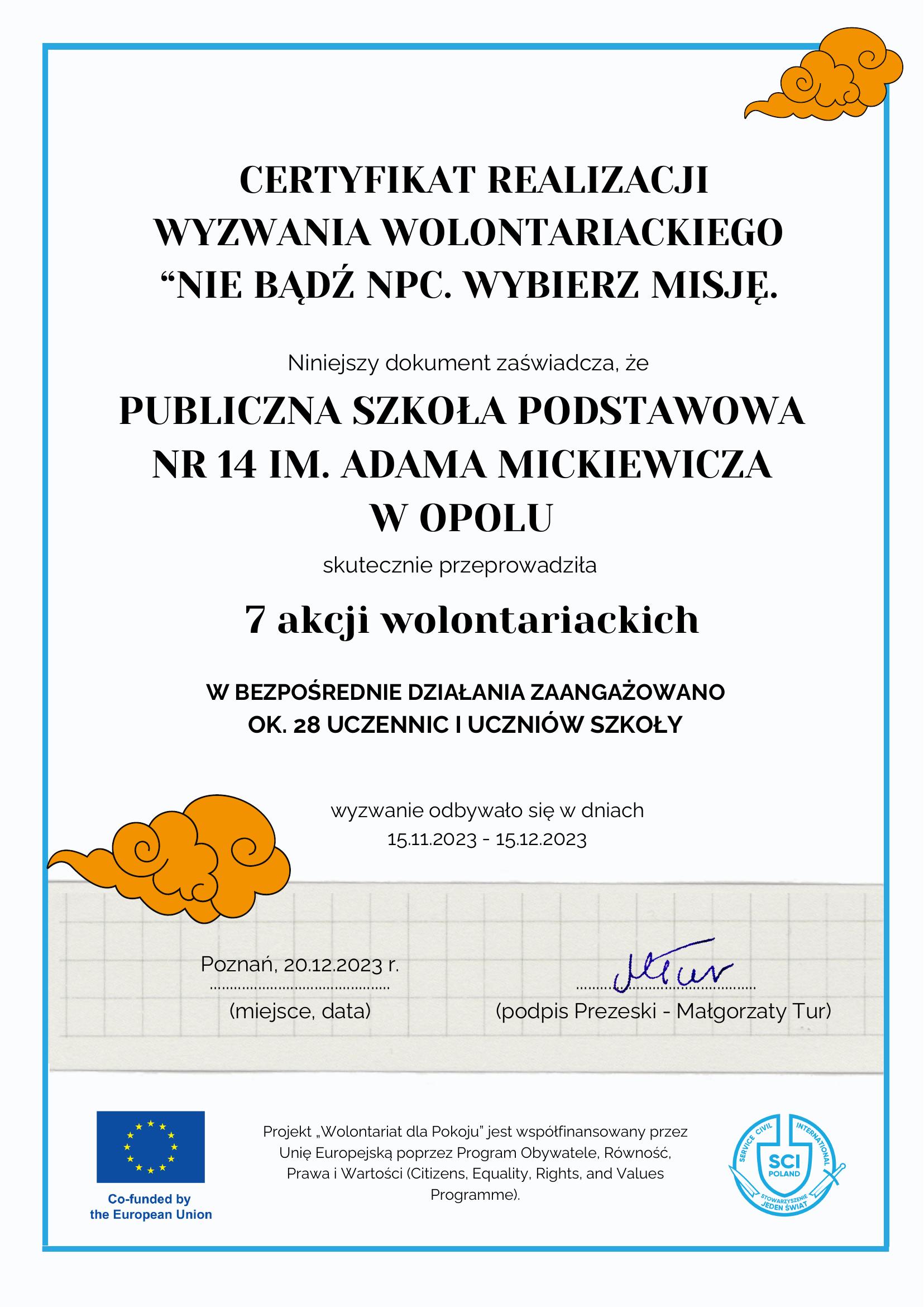 Certyfikat dla PSP14 - 7 akcji wolontariatu