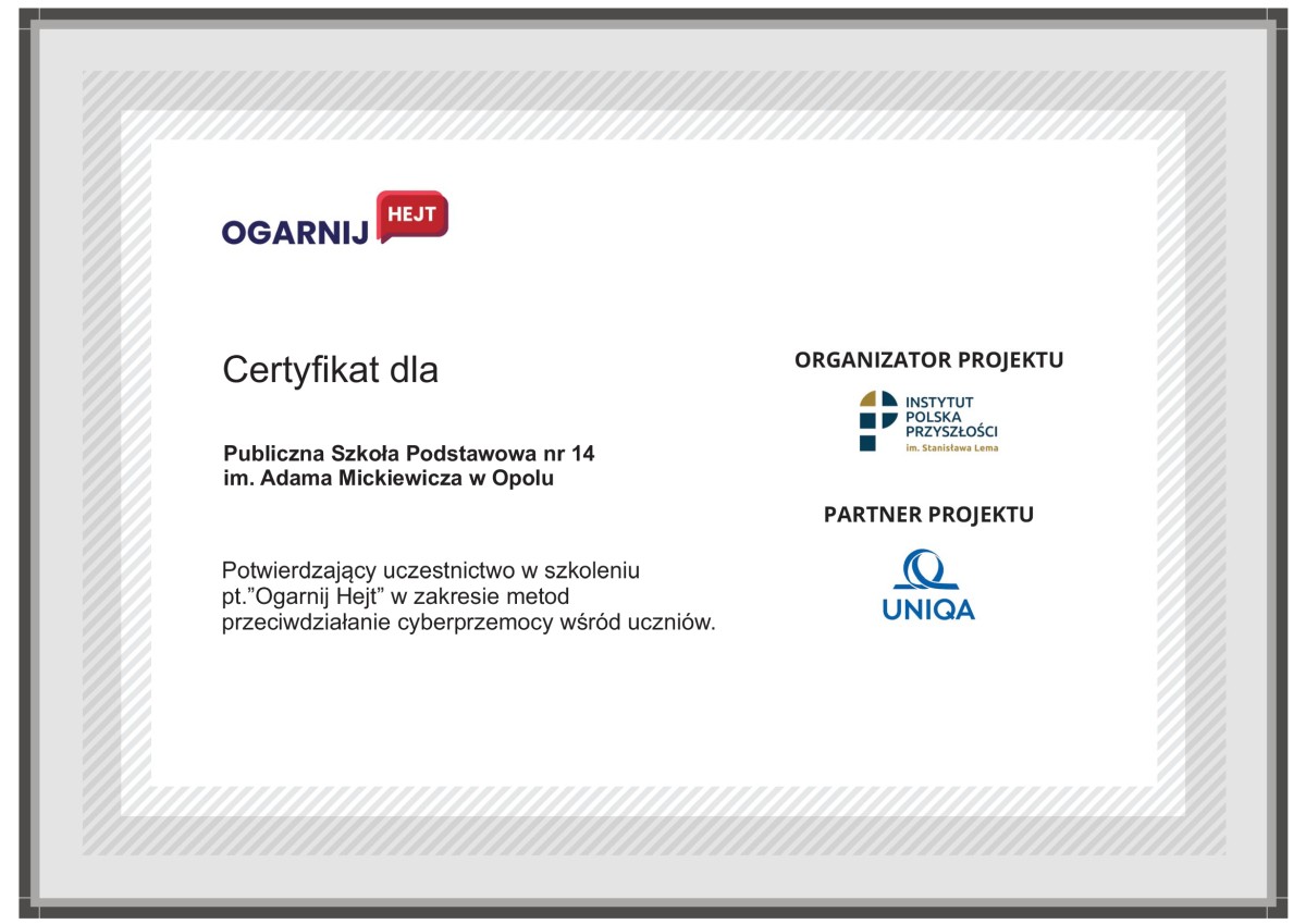 Certyfikat dla PSP14 - Ogarnij hejt