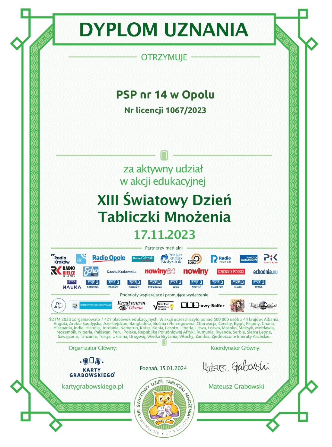 Dyplom dla PSP14 - światowy dzień tabliczki mnożenia