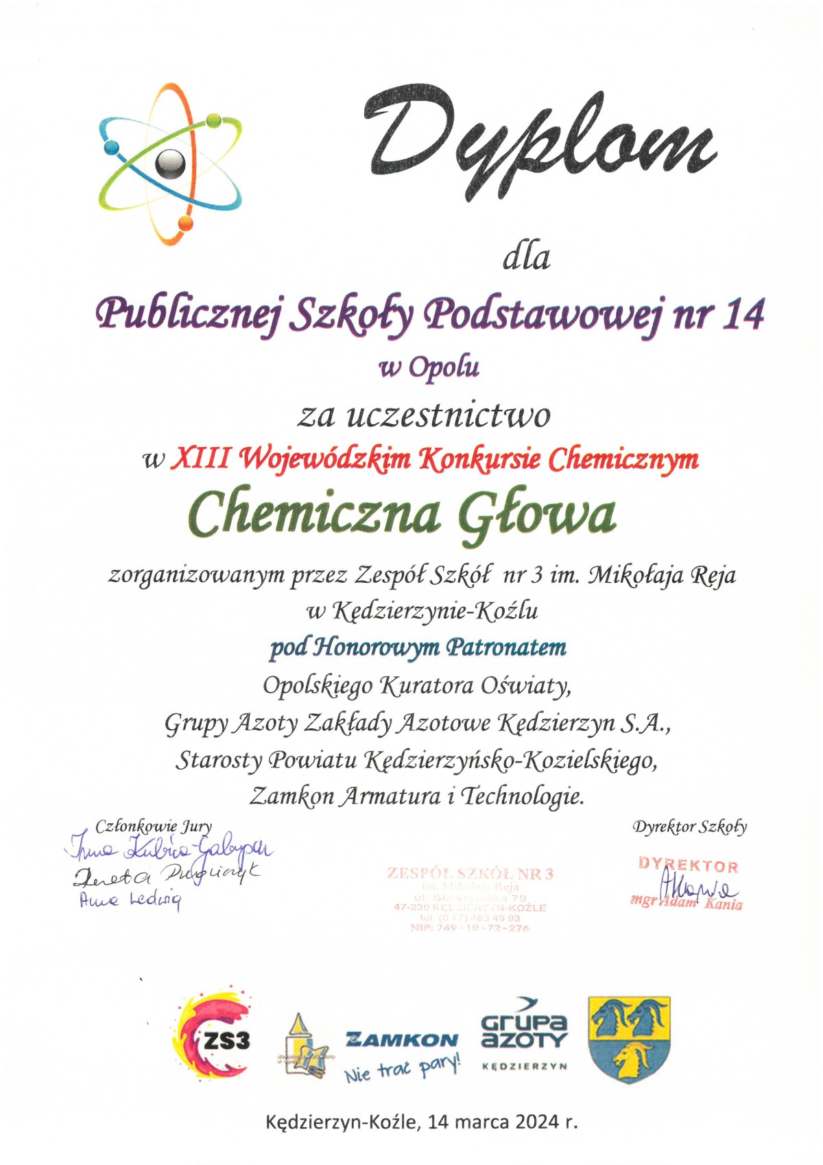 Dyplom dla PSP14 za udział w konkursie "Chemiczna Głowa"