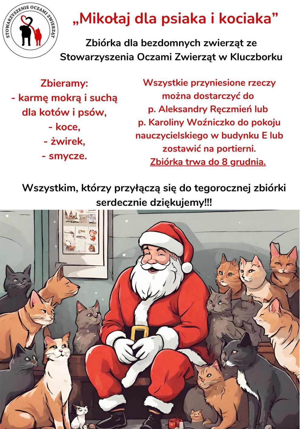 Mikołaj dla psiaka i kociaka - plakat dotyczący zbiórki dla bezdomnych zwierząt