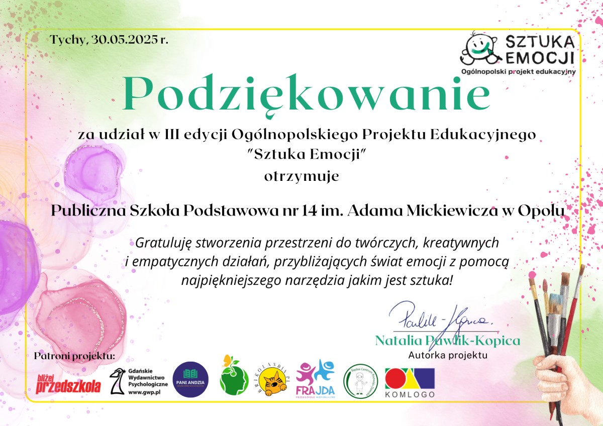 Podziękowanie za realizację ogólnopolskiego projektu edukacyjnego pt. „Sztuka emocji”