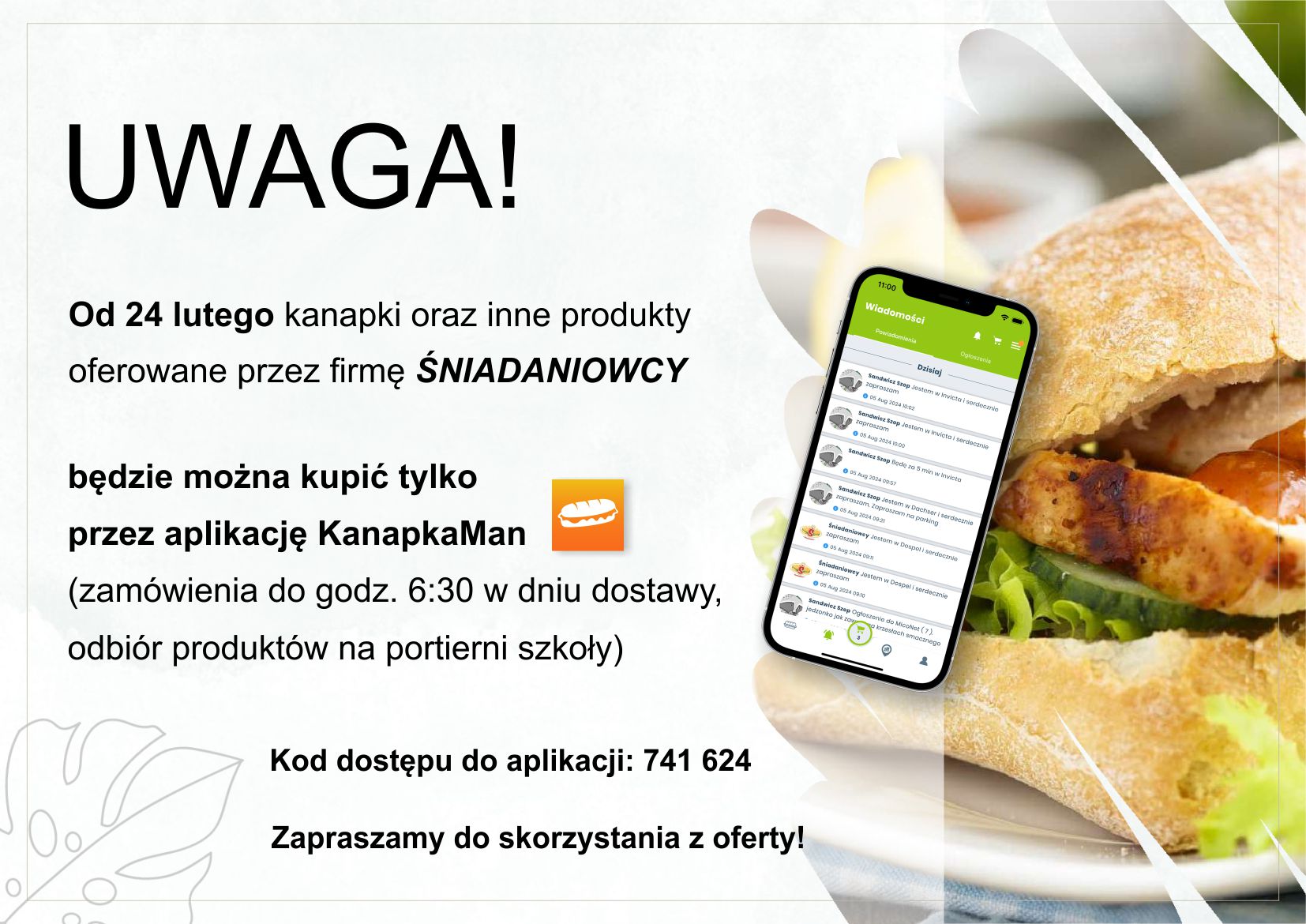 Od 24 lutego kanapki oraz inne produkty oferowane przez firmę ŚNIADANIOWCY będą sprzedawane wyłącznie przez aplikację.