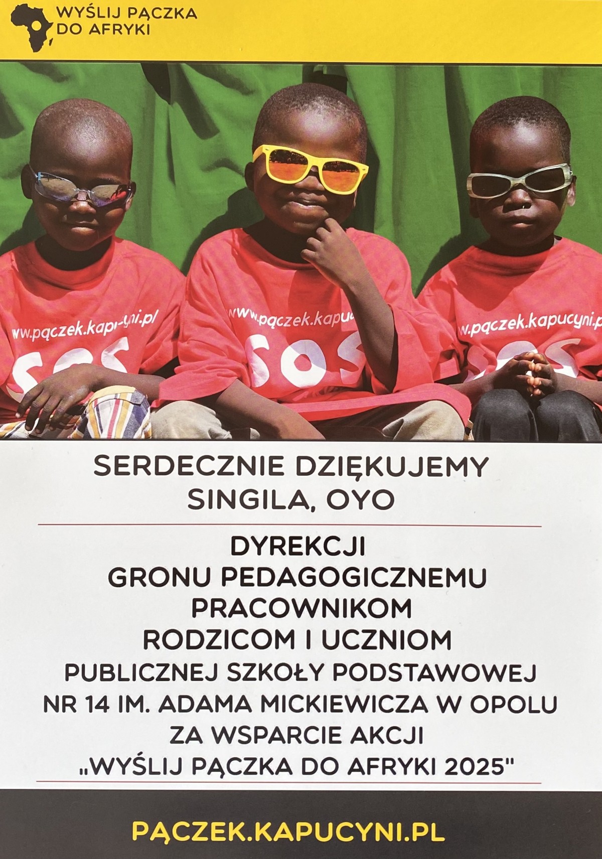 Podziękowanie dla PSP14 za akcję "Wyślij pączka do Afryki"