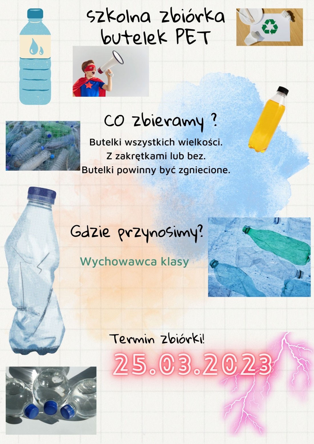 Zbiórka butelek PET - plakat informacyjny