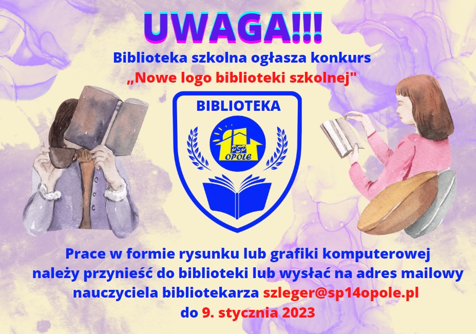 Plakat informujący o konkursie na nowe logo biblioteki.