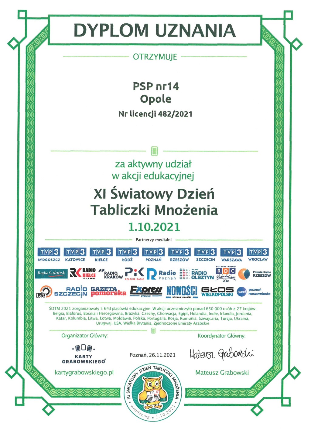 Dyplom uznania dla PSP14