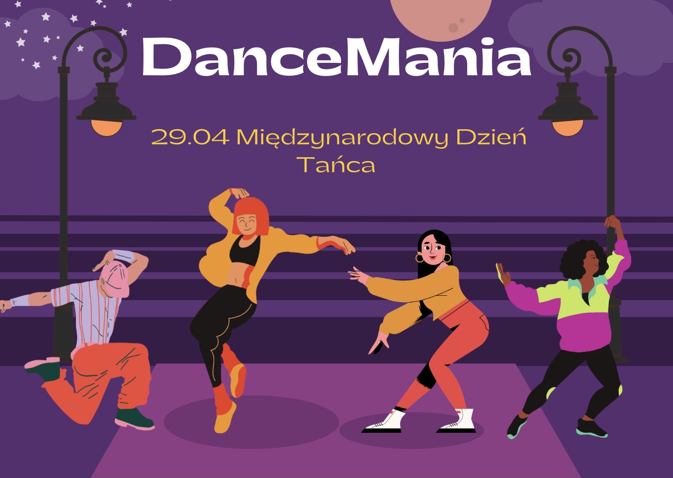 Obraz tytułowy "Dance Mania" z tancerzami w wersji ilustracyjnej.