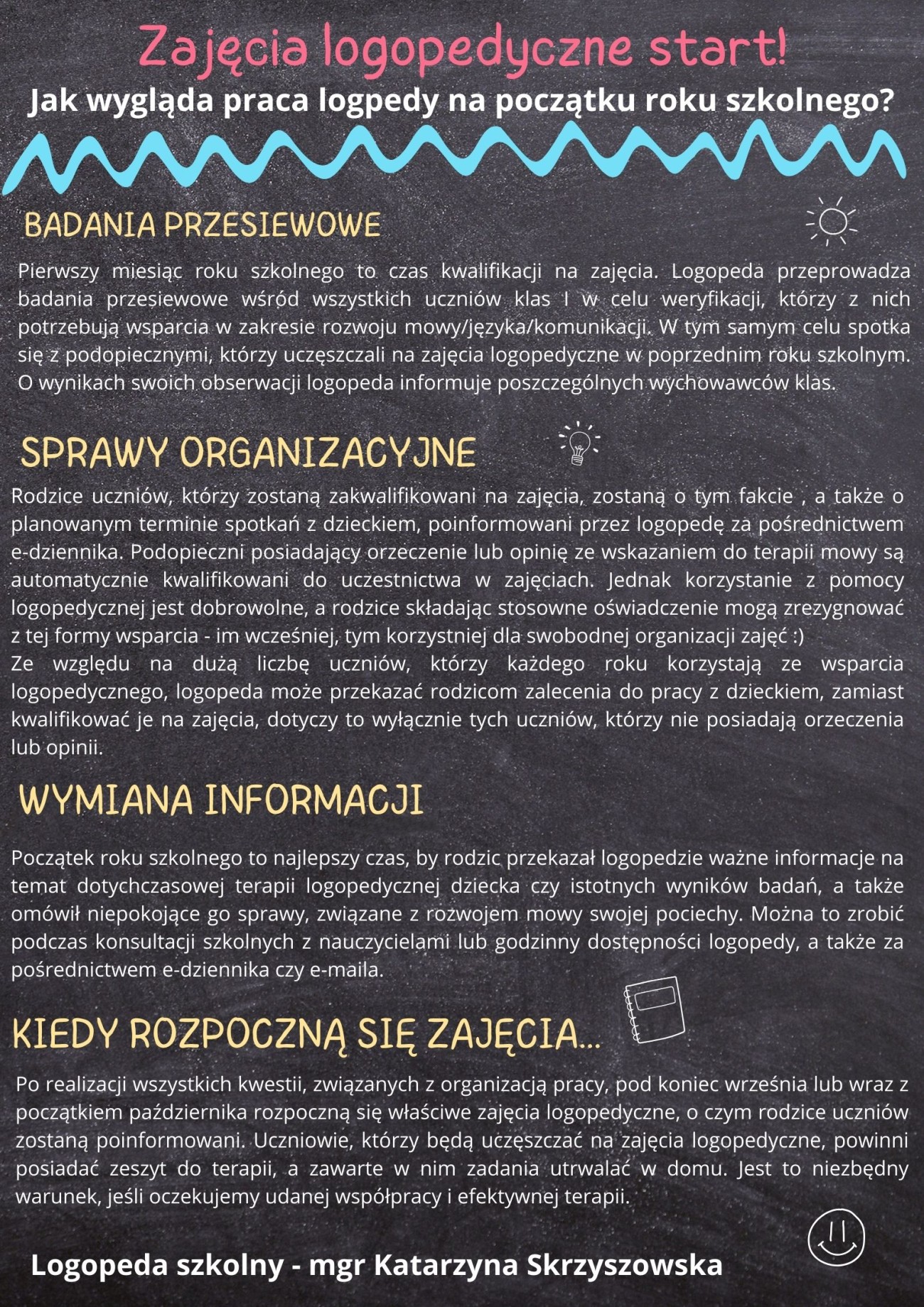 informacja o zajęciach logopedycznych w szkole