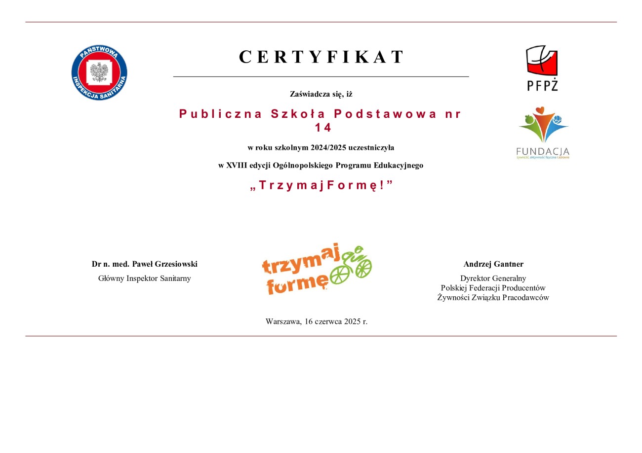 Certyfikat dla PSP14 za realizację programu "Trzymaj Formę"