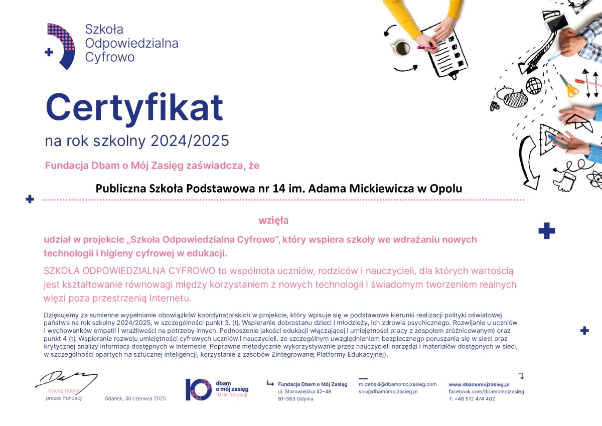 Certyfikat dla PSP14 - Szkoła Odpowiedzialna Cyfrowo