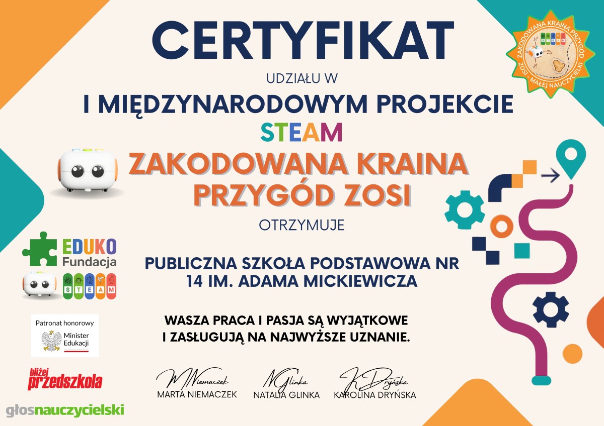 Certyfikat za udział w projekcie „Zakodowana kraina przygód Zosi - małej nauczycielki”