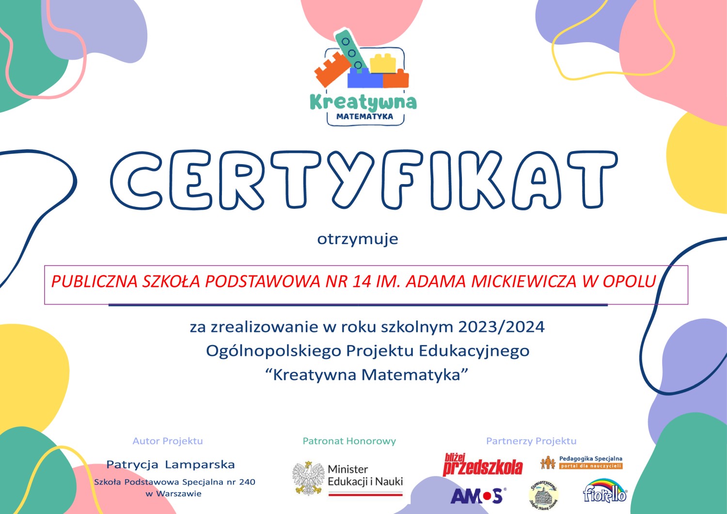 Kreatywna matematyka - certyfikat dla PSP14