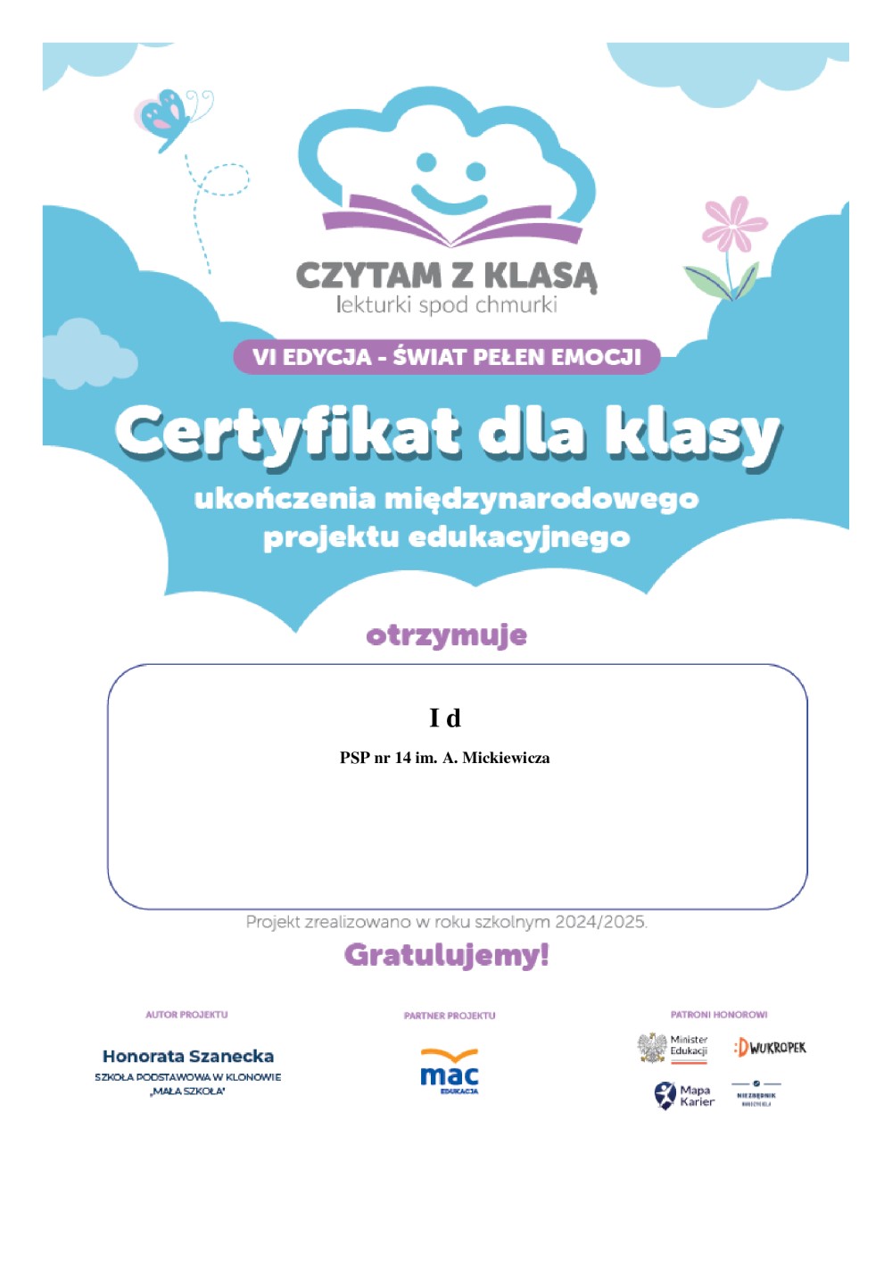 Certyfikat dla PSP14 - CZYTAM Z KLASĄ – Id